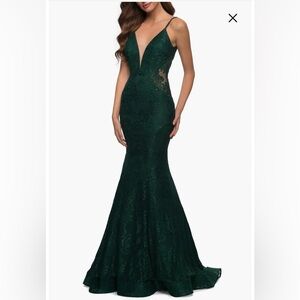 La Femme Long Mermaid Lace Dress with Back Rhinestone Detail